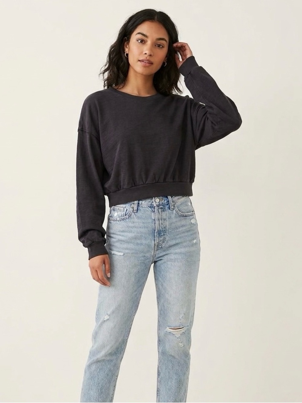 Nation LTD Cropped Puff Sleeve Pullover Top Black Size XS